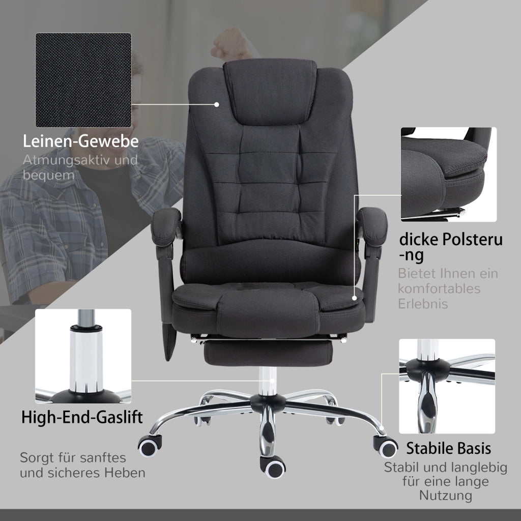 Sedia da ufficio massaggiante ergonomica con funzione relax e riscaldamento, reclinabile, poggiapiedi, tessuto nero