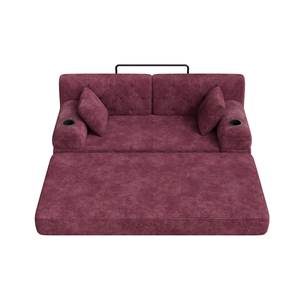 Divano letto compatto in corduroy con schienale alto, tasche laterali, portabicchieri e struttura in metallo