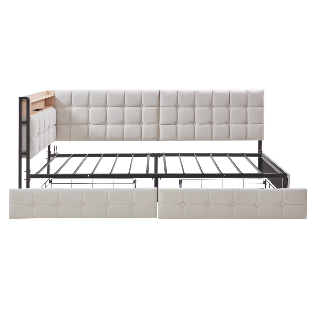 Divano letto 90x200 cm con 2 cassetti; LED e porte USB/Tipo-C in tessuto beige