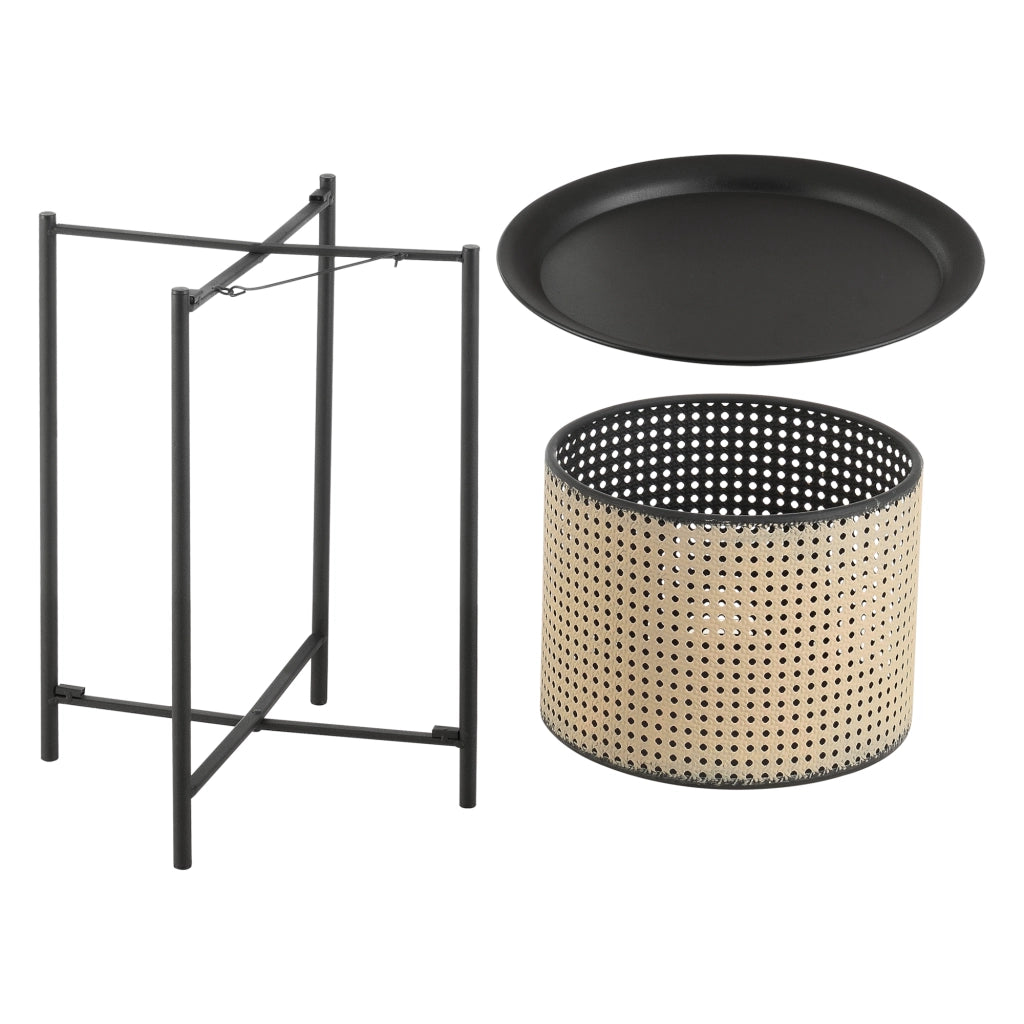 Tavolino da caffè/da Divano con Contenitore e Piano Tondo Rimovibile - (AxL) 45x35 cm - Tavolino Basso da Salotto in Metallo - Nero/Color Sabbia