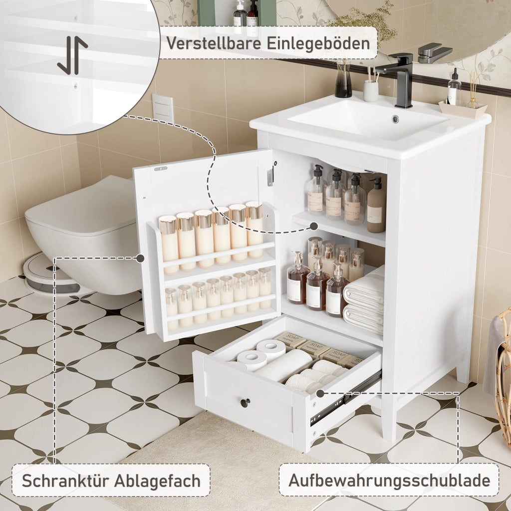 Mobile sottolavabo da bagno freestanding con lavabo in ceramica struttura in MDF bianco 51 × 46 × 85 cm