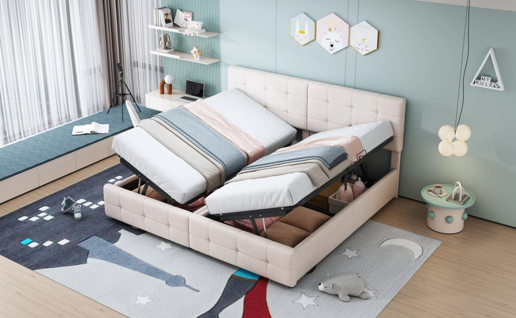 Letto matrimoniale – 180x200 cm – idraulico contenitore multiuso – velluto beige