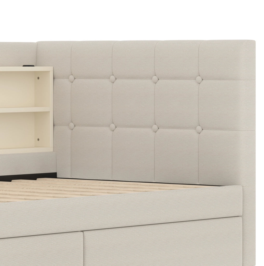 Letto singolo 90 x 200 cm beige con 2 cassetti, prese USB e USB-C