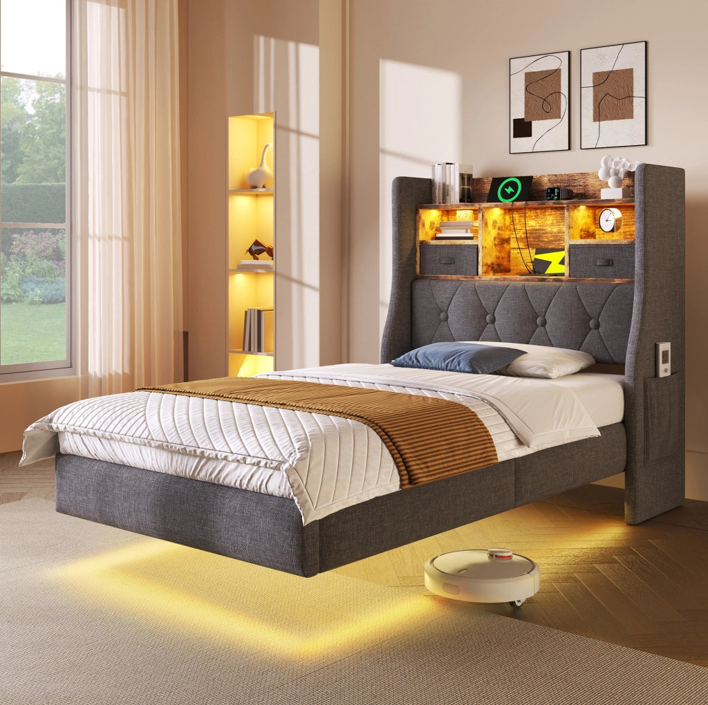 Letto imbottito 90x200 cm grigio con LED, ricarica USB-C e rete a doghe