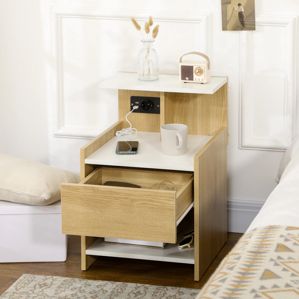 Comodino con USB, presa, cassetto e ripiani ¨C zephmum ¨C 40x40x60 cm, naturale