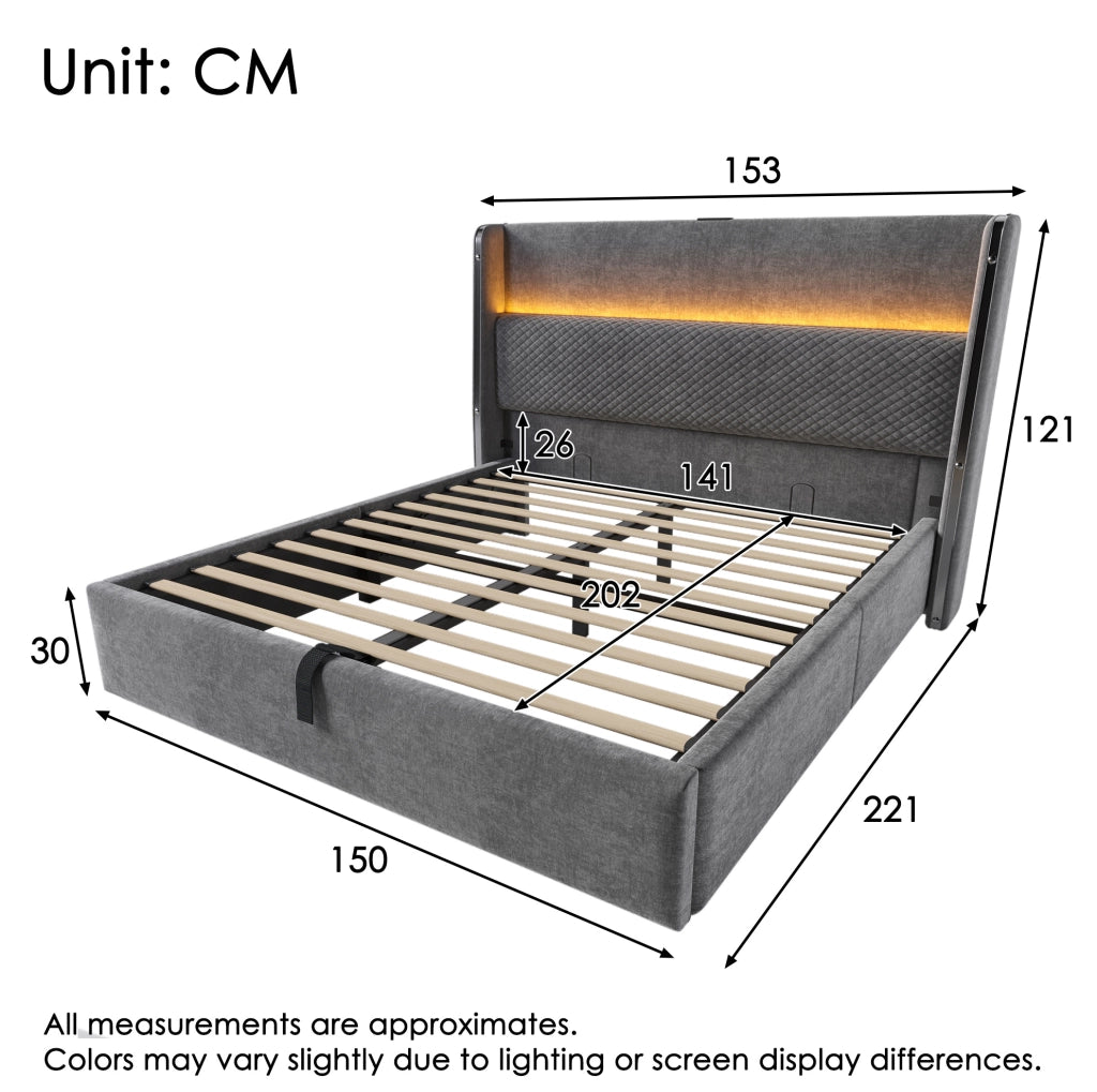 Letto idraulico 140x200 cm grigio con LED, USB-C, vano contenitore e materasso H3