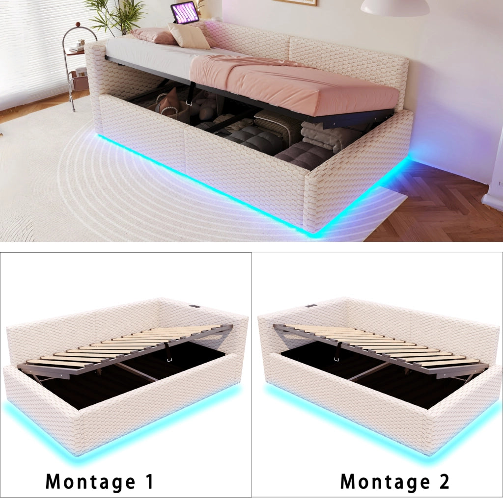 Letto imbottito 90x200 cm con LED; porte USB e contenitore idraulico; in velluto beige