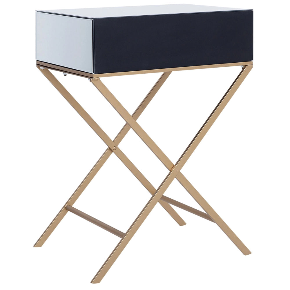 Tavolino Argento Specchio Top Gambe in Metallo dorato 50 x 40 cm Stile Glam Moderno con 1 Cassetto