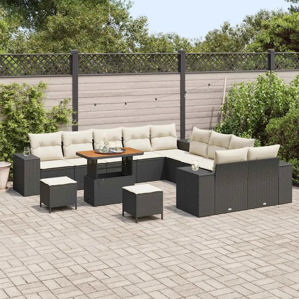 Set Divano da Giardino 13 pcs Nero e Crema polyrattan