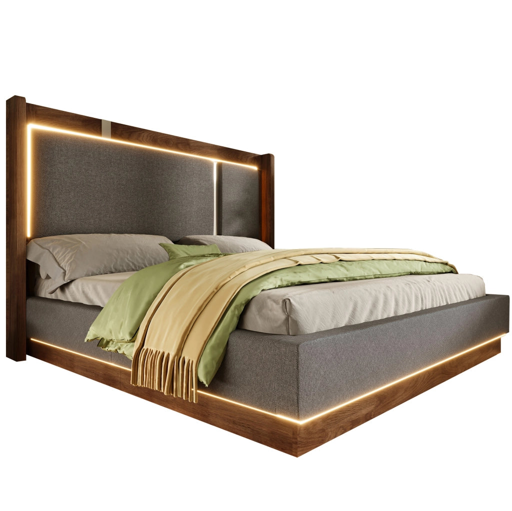 Letto matrimoniale 140x200 cm con LED e contenitore; stile retro; in lino e legno; grigio