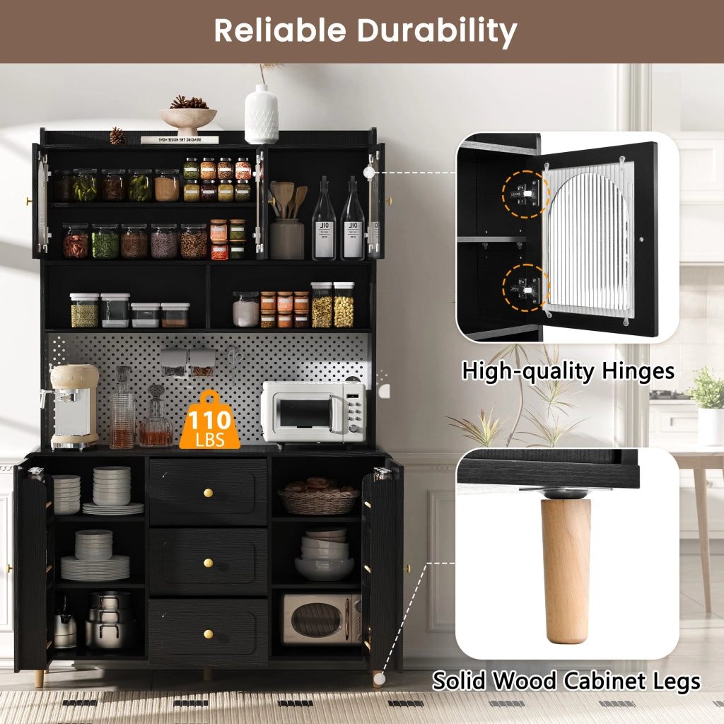 Credenza alta con pannello forato, 3 cassetti e ripiani regolabili, per cucina, in MDF nero, 120 × 40 × 190 cm