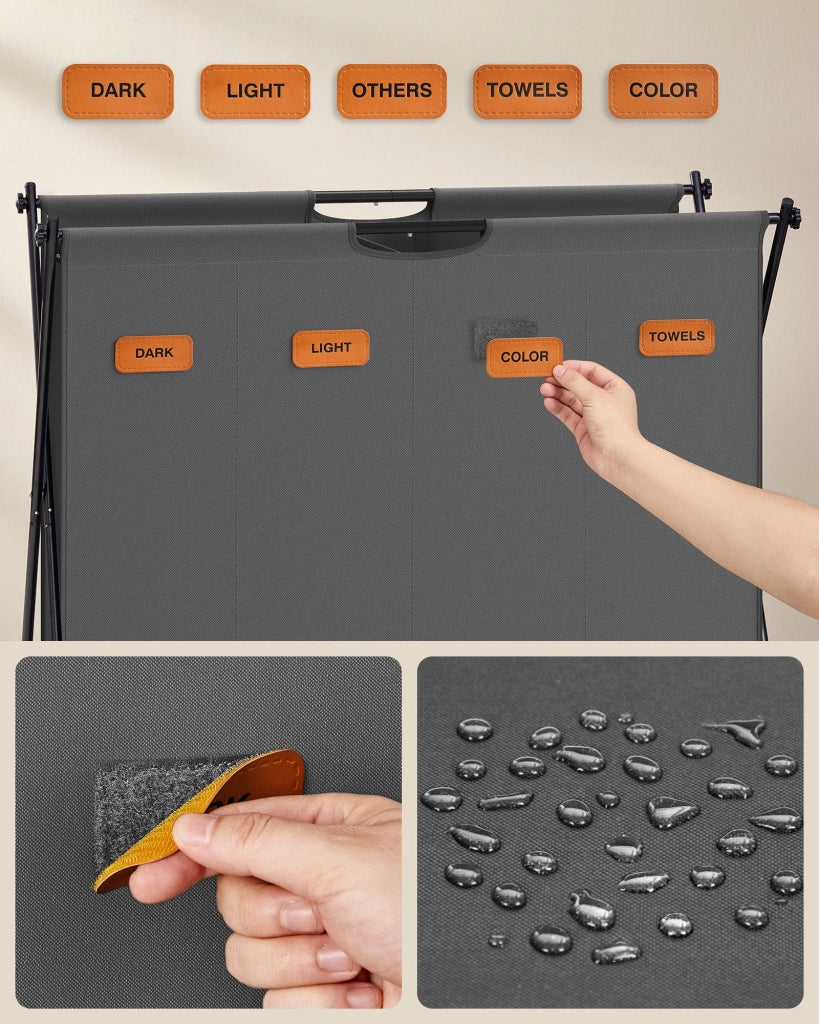 Cesto portabiancheria 115 litri 2 scomparti 79,9 x 40 x 66 cm struttura pieghevole a X organizer per vestiti con etichette personalizzabili grigio 12_0006692