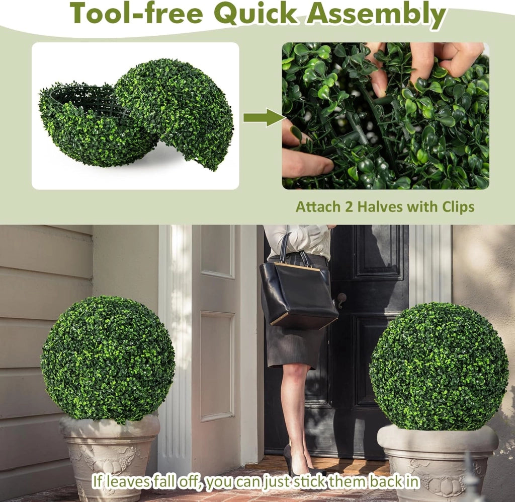 Set di 2 Piante Artificiali a Sfera, 48 cm, Realistiche, in PE, per Interni ed Esterni, Ideali per Veranda, Balcone e Giardino e Matrimonio