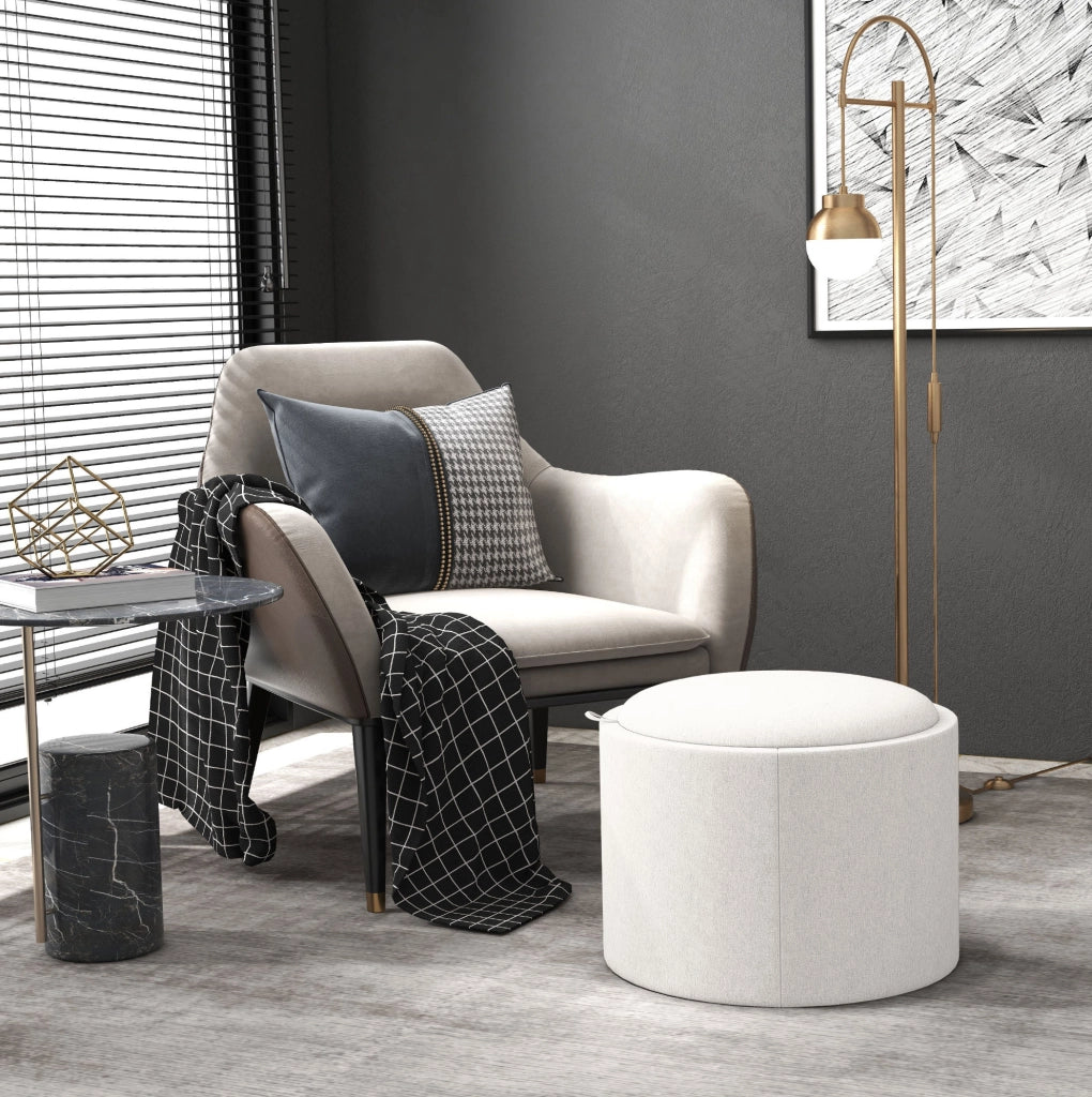 Pouf rotondo 56 x 42 cm avorio con vano contenitore e vassoio sollevabile