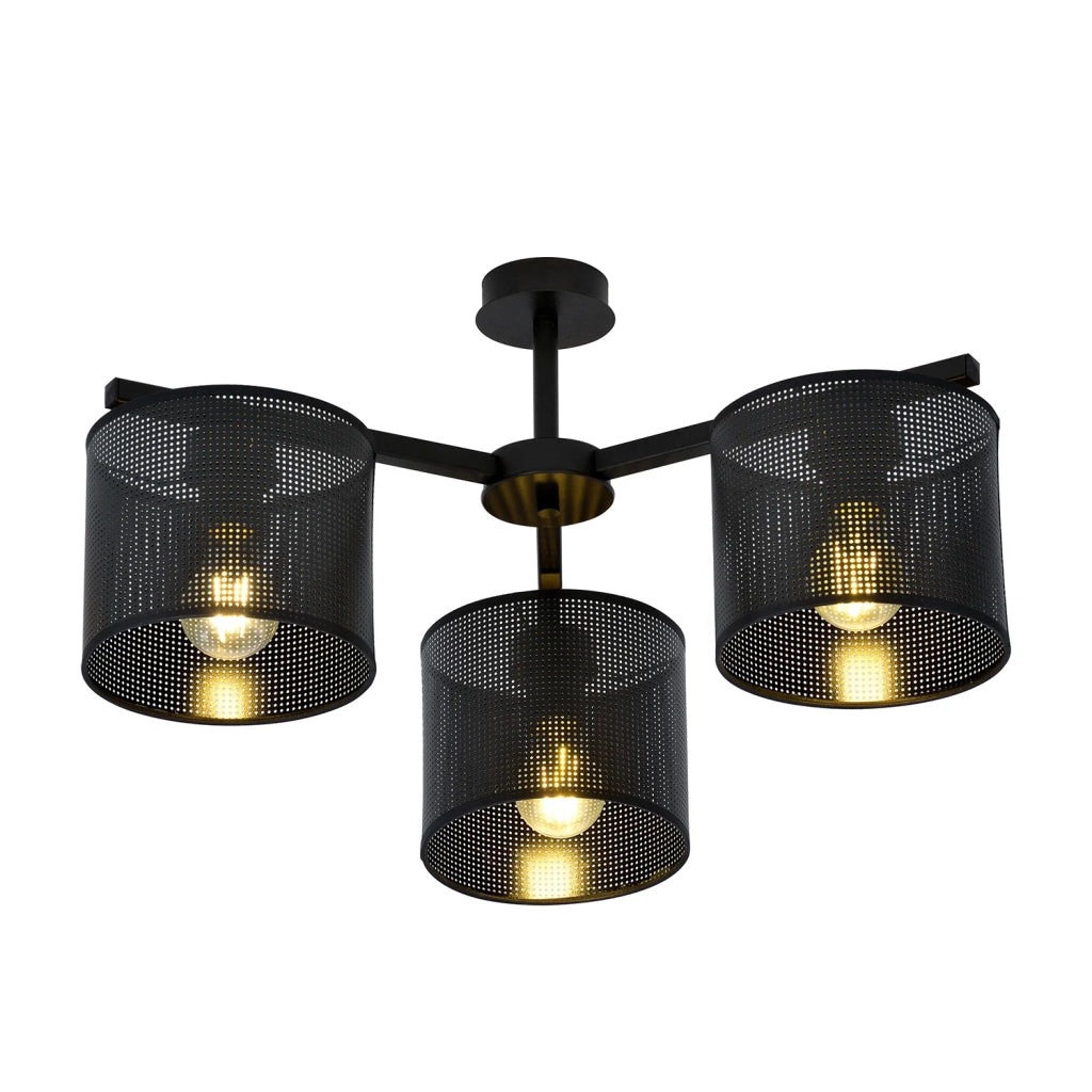 Plafoniera Industrial 3 Luci Cigno In Acciaio Nero E Paralumi A Cilindro