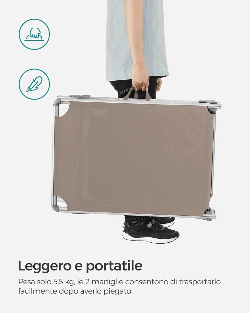 SONGMICS Lettino Prendisole, Sedia a Sdraio Pieghevole in Alluminio, con Parasole e Schienale Reclinabile, 193 x 55 x 31 cm, Max Portata 150 kg, per Terrazzo Piscina Giardino, Tortora GCB19BR