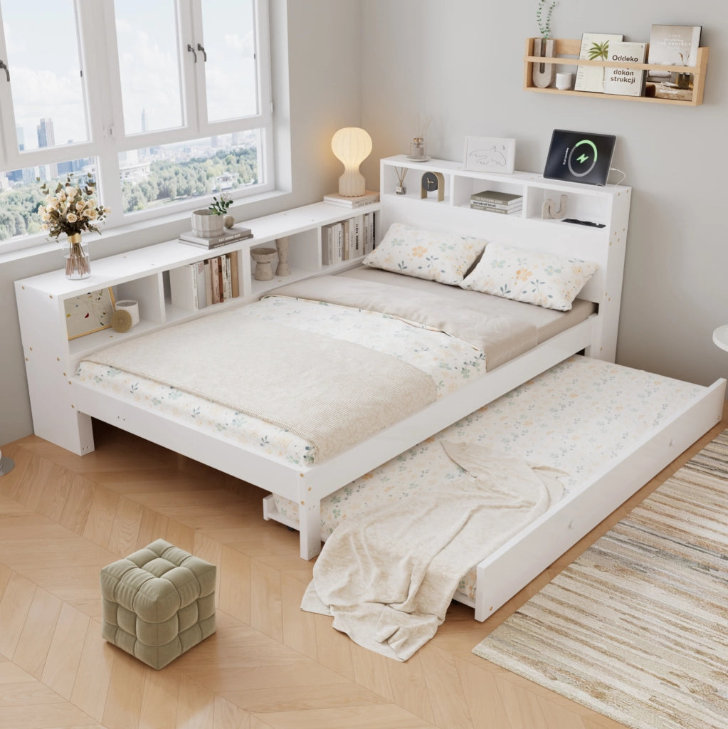 Letto in legno 120x200 cm con letto estraibile; mensola laterale e ricarica; bianco