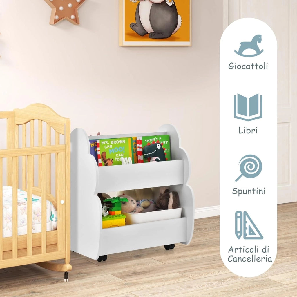 Libreria Montessoriana Doppio Lato per Bambini con Ruote, Scaffale Portaoggetti Multifunzione a 2 Livelli con Angoli Arrotondati, Libreria Bassa per Cameretta e Asilo, 52x47x63,5 cm, Bianco
