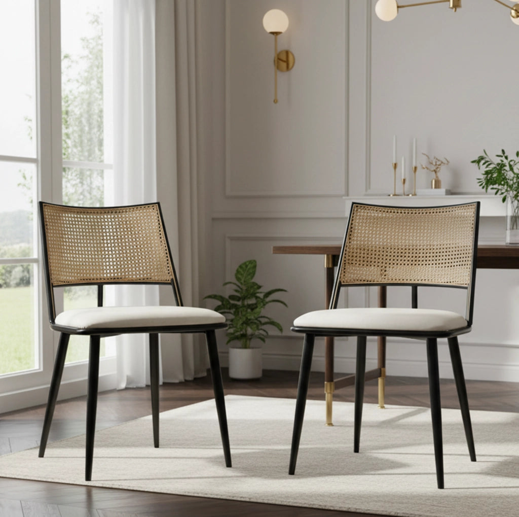 Set 2 sedie da pranzo 50x48x80 cm, rattan nero e PU