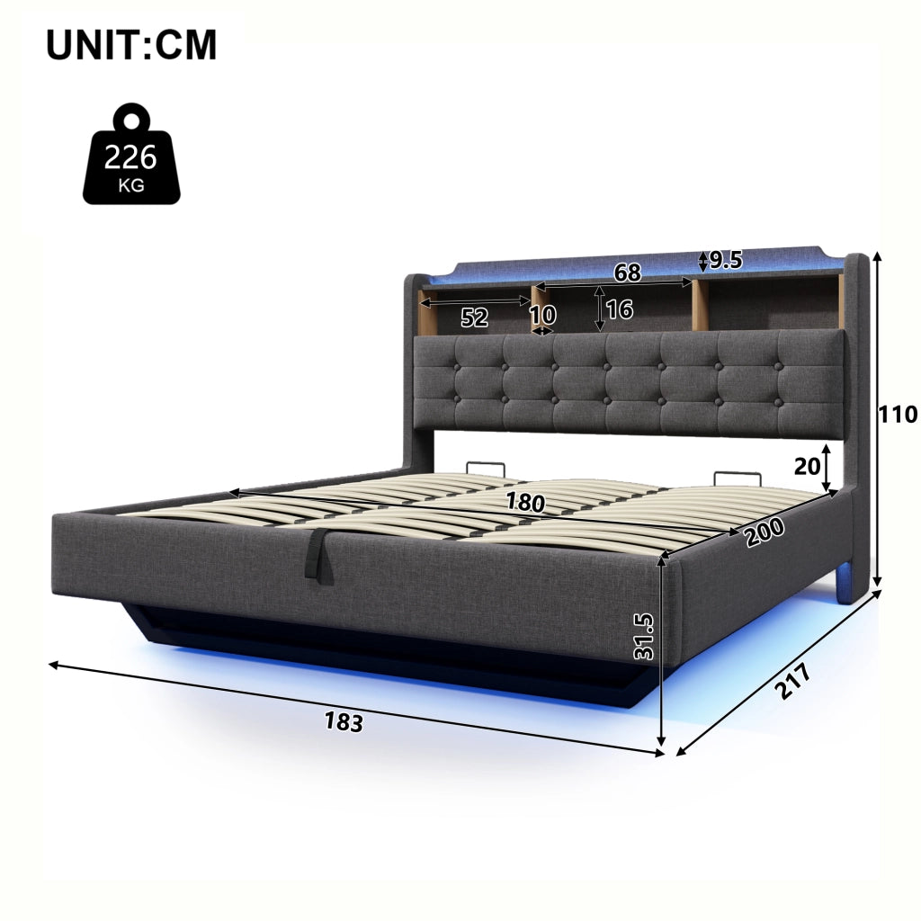 DESMIU Letto contenitore 180 × 200 cm 2 posti con LED, USB e Type-C, senza materasso, grigio