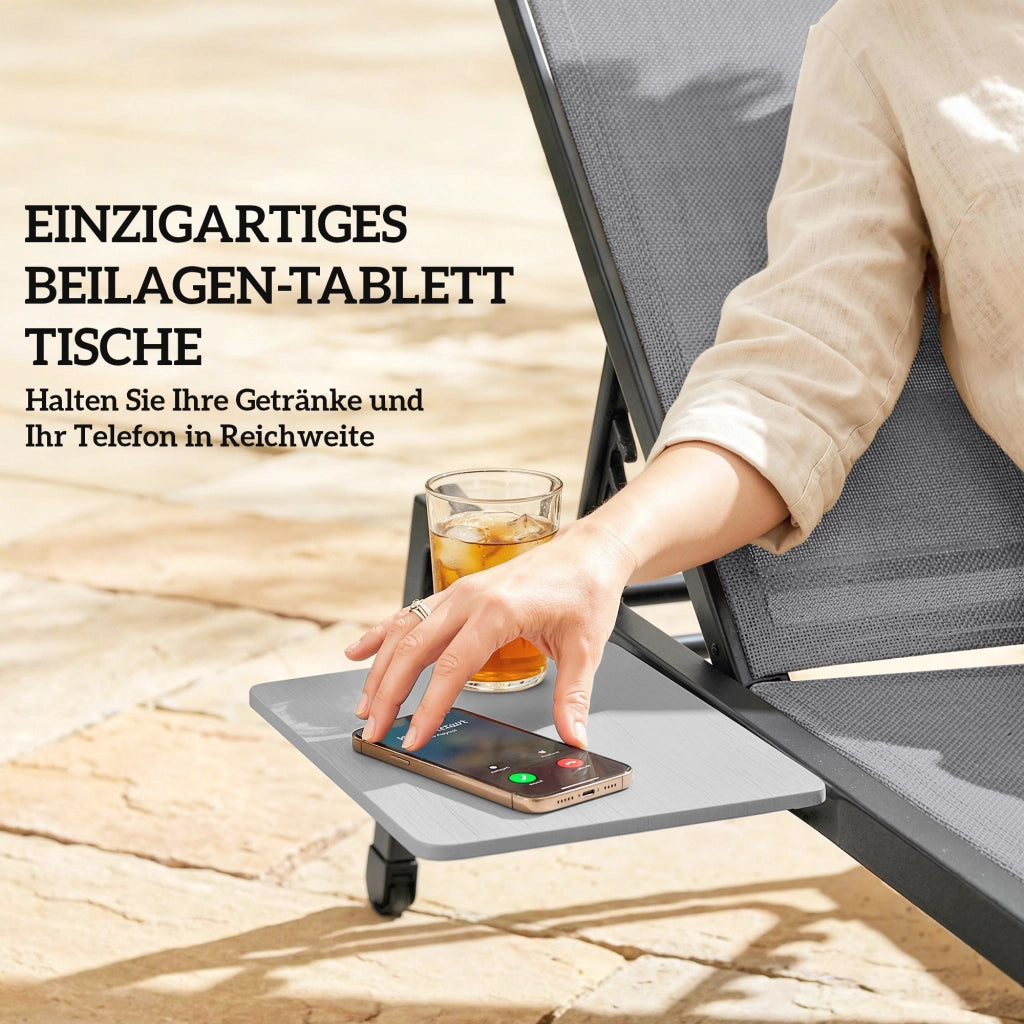 Set 2 Lettini Solarium Giardino con Schienale Regolabile e Tavolino Laterale ¨C zephmum ¨C Grigio
