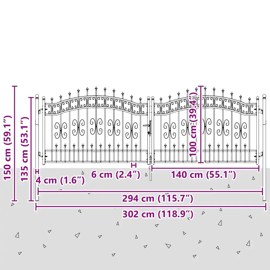 Cancello per recinzione Kampen con punta a lancia Nero 302x100 cm in acciaio 151095