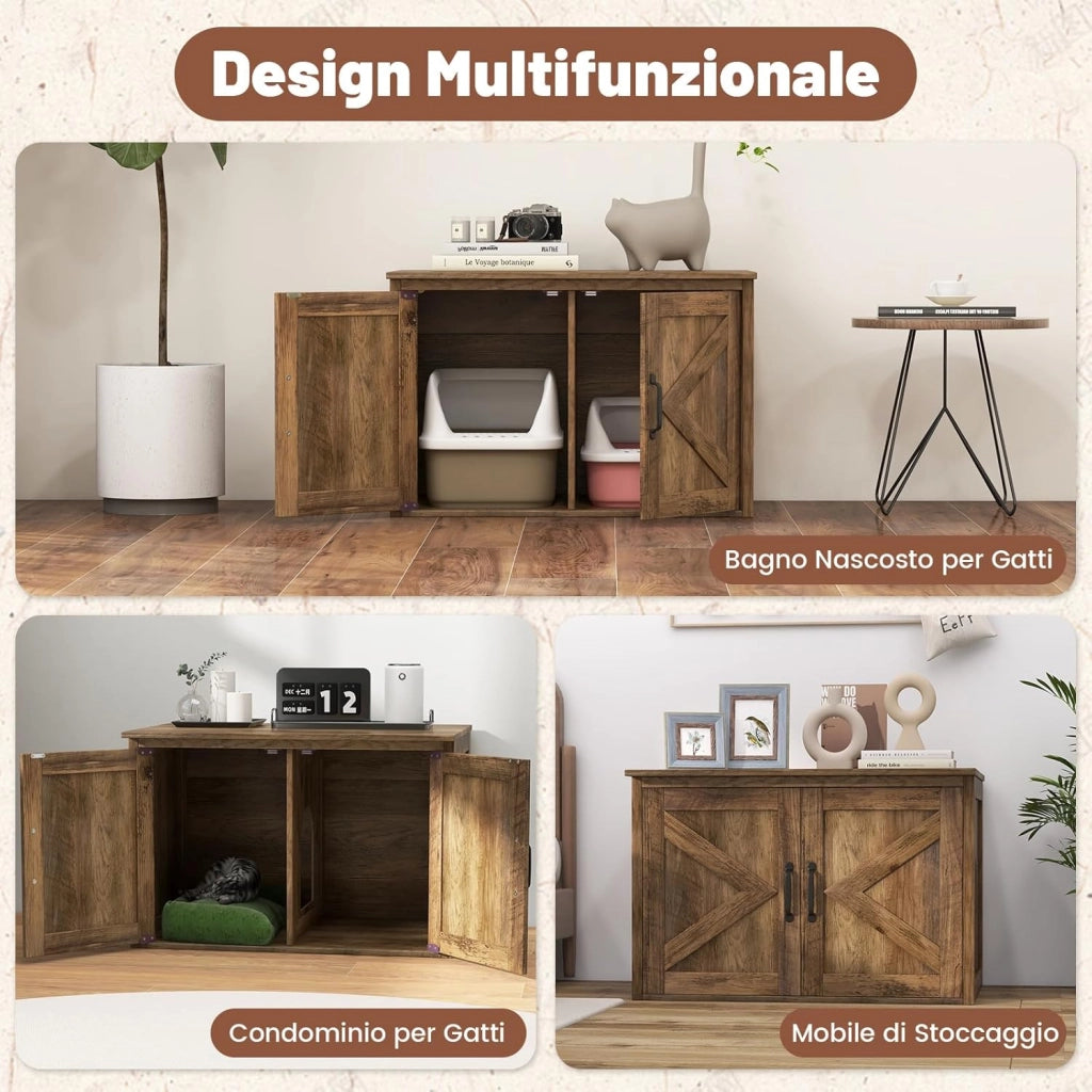 Mobile Lettiera per Gatti in Legno con Piano Ampio e Apribile, Interno Sapzioso e Divisorio Rimovibile, Casetta per Gatti da Interno in Stile Fienile con 2 Ingressi, 80 x 54 x 53,5 cm