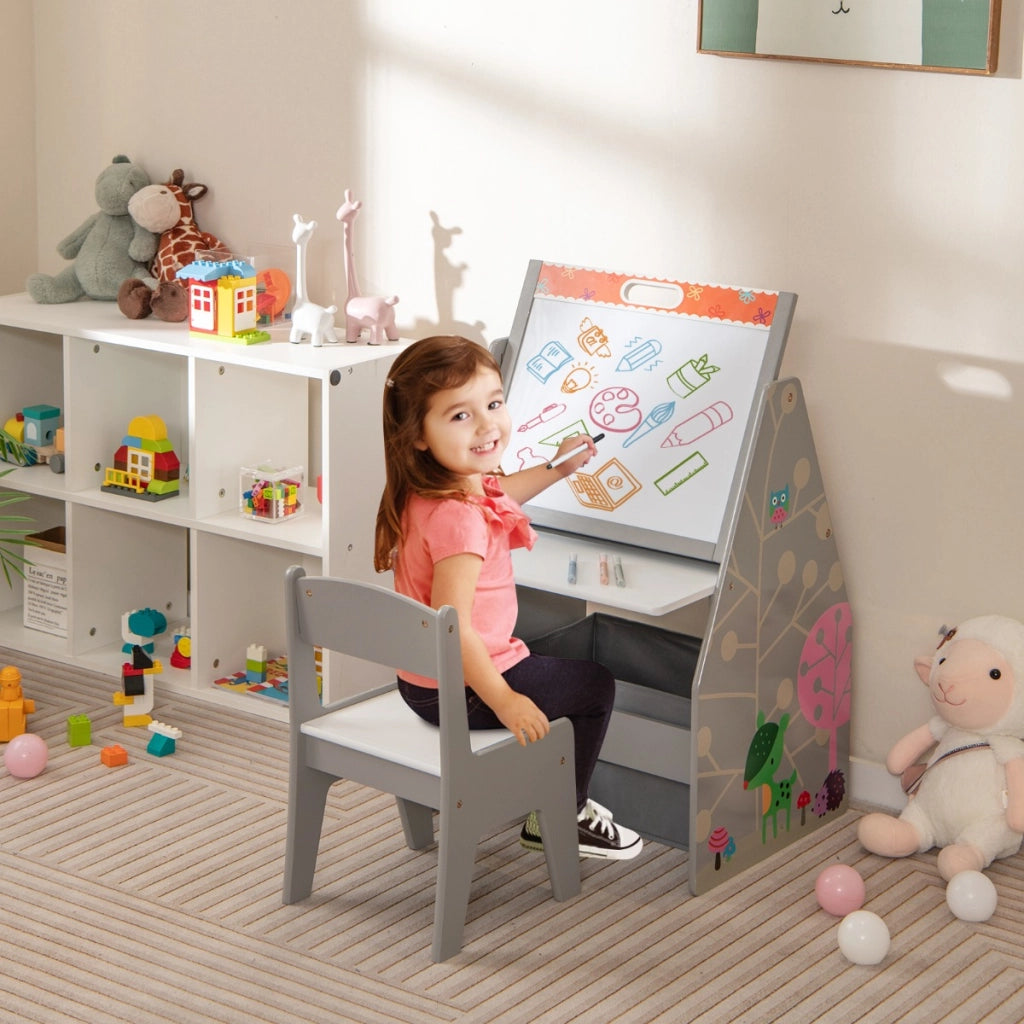 Doppio lato cavalletto per bambini e stazione di gioco-Set tavolo e sedia con lavagna bianca e lavagna magnetica Grigio