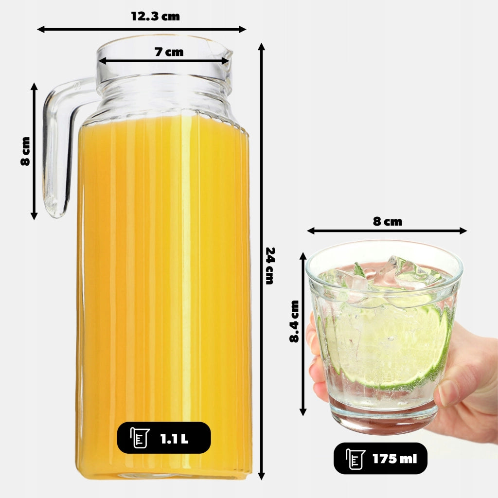Caraffa in vetro KADAX per bevande da 1,1 l + 6 bicchieri da 175 ml per succhi di frutta