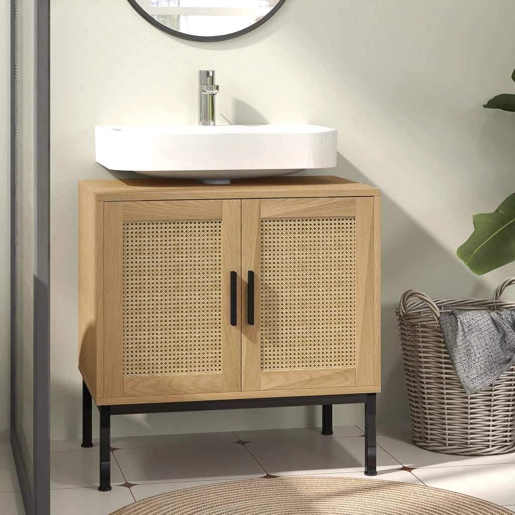 Mobiletto sottolavabo con ante in effetto rattan, struttura in legno, 60 x 39 x 60 cm, colore rovere