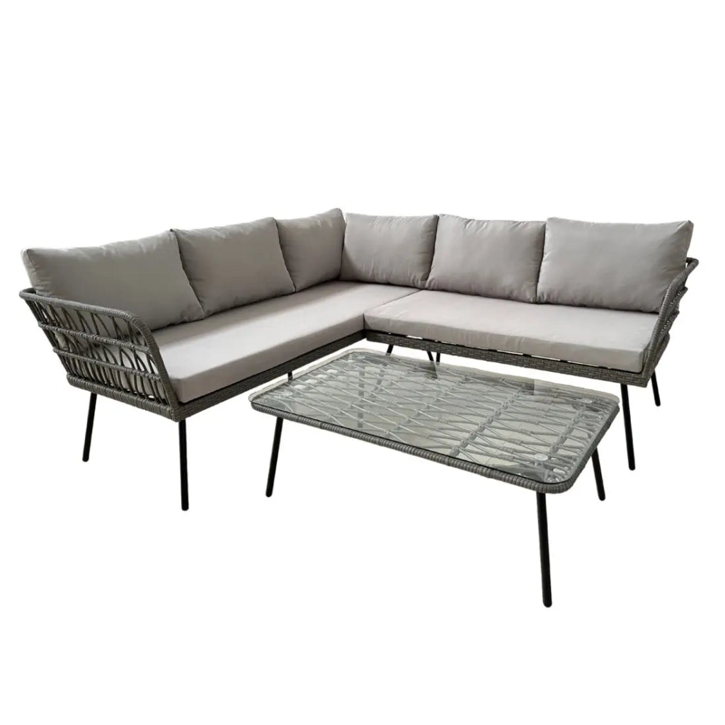 Set da giardino angolare RATTANIA in rattan grigio 5 posti con cuscini e tavolo