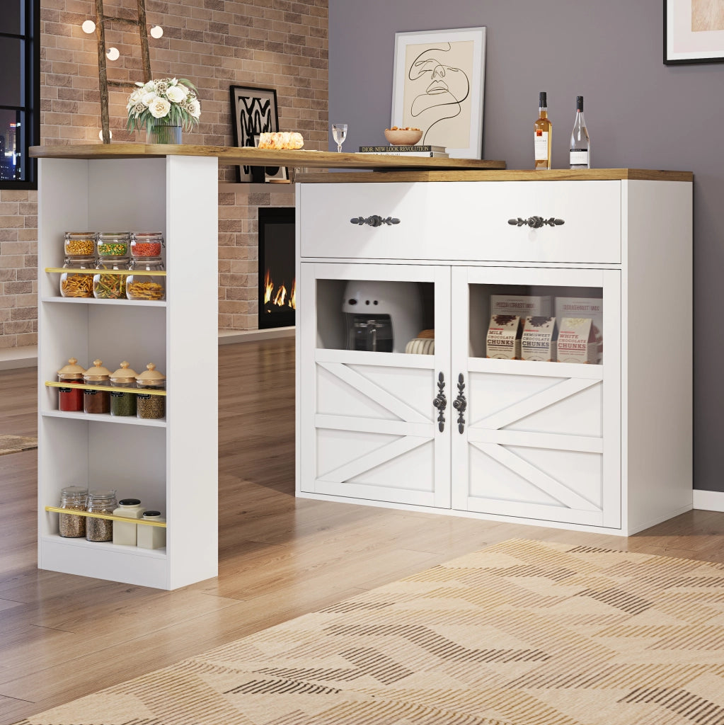Tavolo bar 138-204x39x104 cm girevole con spazio contenitore in MDF bianco