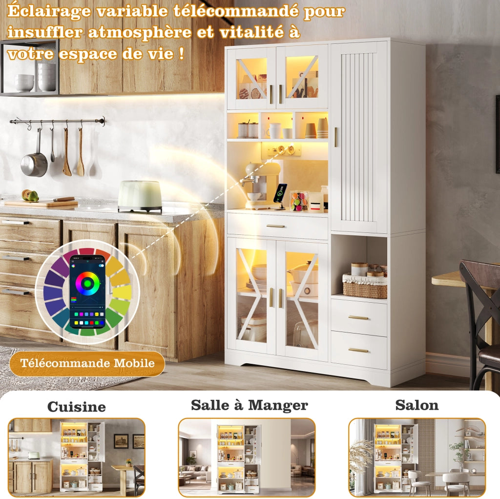 Mobile buffet da cucina 105 x 40 x 185 cm in MDF bianco con LED a cambio colore; prese e USB