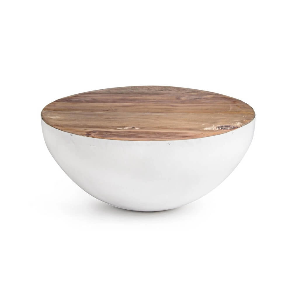 Tavolino Rotondo in Acciaio e Legno Riciclato Base Semisfera - ZEN