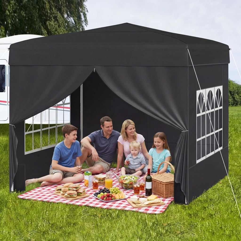 Gazebo da giardino pieghevole con 4 pannelli laterali altezza regolabile borsa da trasporto, Gazebo da esterno impermeabile Nero