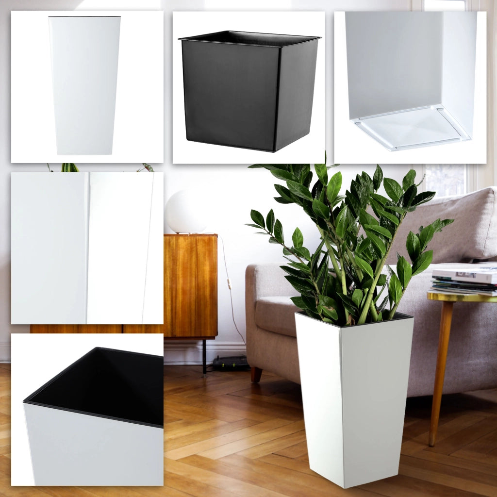 Vaso da giardino KADAX con inserto, 24 x 47 cm di altezza, bianco lucido, con grandi fiori.