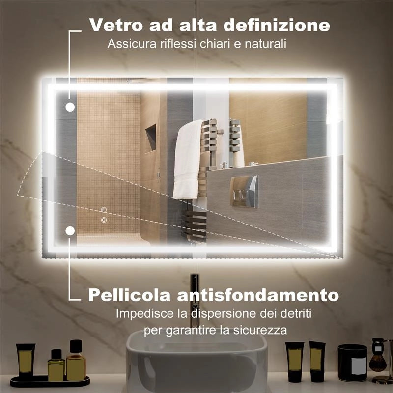 SPECCHIO PER BAGNO CON LUCI LED REGOLABILI A 3 COLORI E STRATO ANTIURTO IN VETRO E METALLO 100X3X60 CM