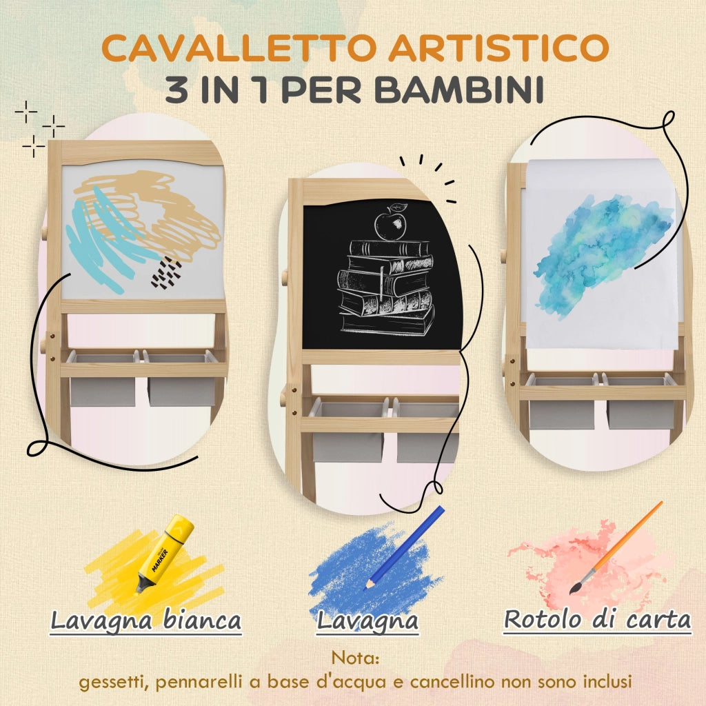 Lavagna 3 in 1 con Cavalletto per abambini 58x50,5x109 cm con Cestini Legno Naturale