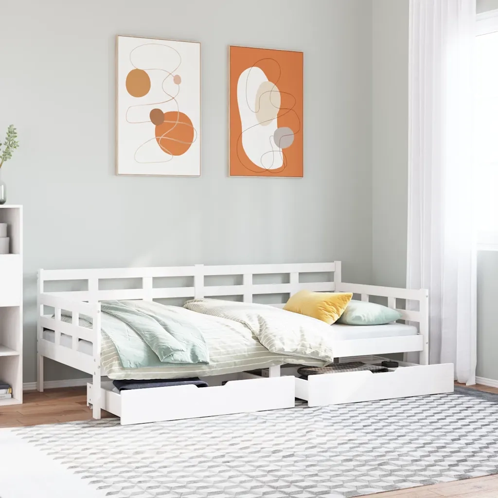 Letto singolo | Letto per adulti | Dormeuse con Cassetti Bianco 90x200 cm Legno Massello di Pino