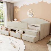 Letto imbottito per bambini 90x190 cm in velluto beige con 2 cassetti e gradini di sicurezza