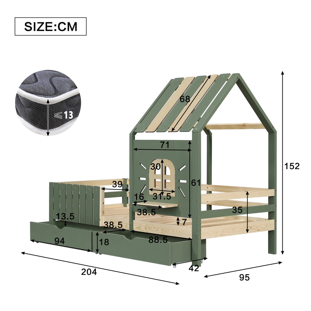 Letto a casetta per bambini 90x200 cm con tetto, finestra e 2 cassetti, verde e naturale