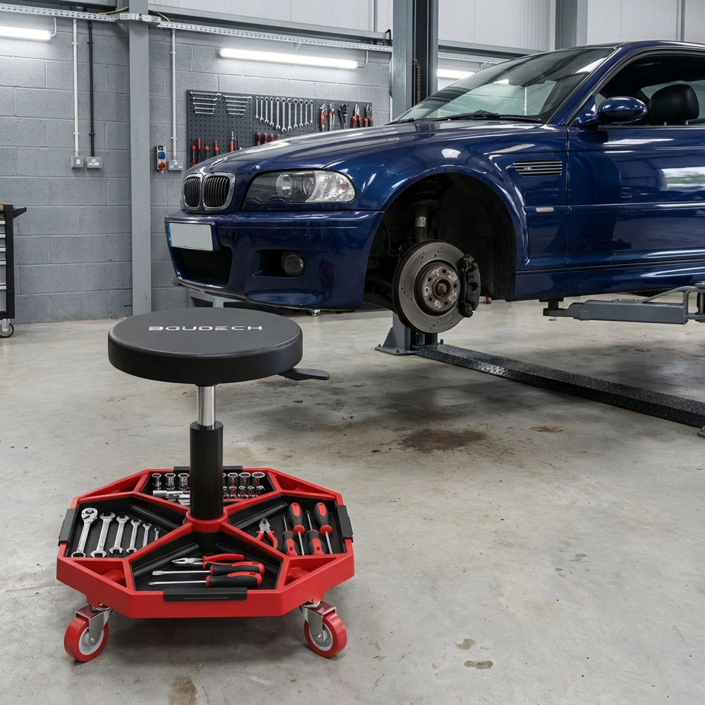 Mekatronix - Sgabello da Officina con Ruote e Vassoi Porta Attrezzi Portata 150 kg Altezza Regolabile e Girevole