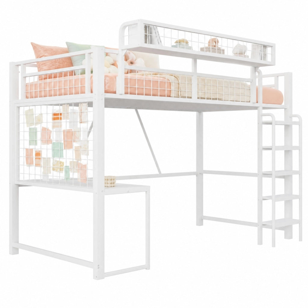 Letto a soppalco in metallo 90 x 200 cm con scrivania; LED; presa e scala; bianco