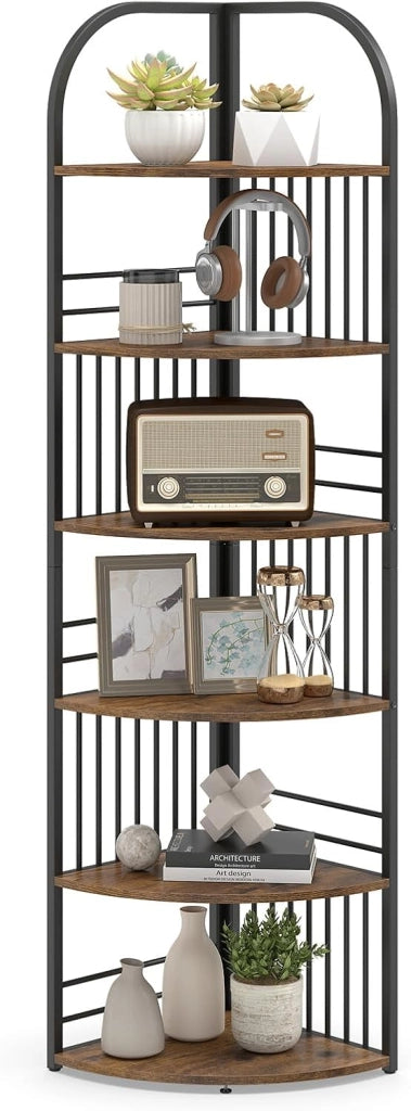 Scaffale Angolare a 6 Ripiani, Libreria Alta 181,5 cm Autoportante con Struttura in Metallo Robusto, Espositore Verticale per Soggiorno, Camera da Letto, Ufficio (Bianco)