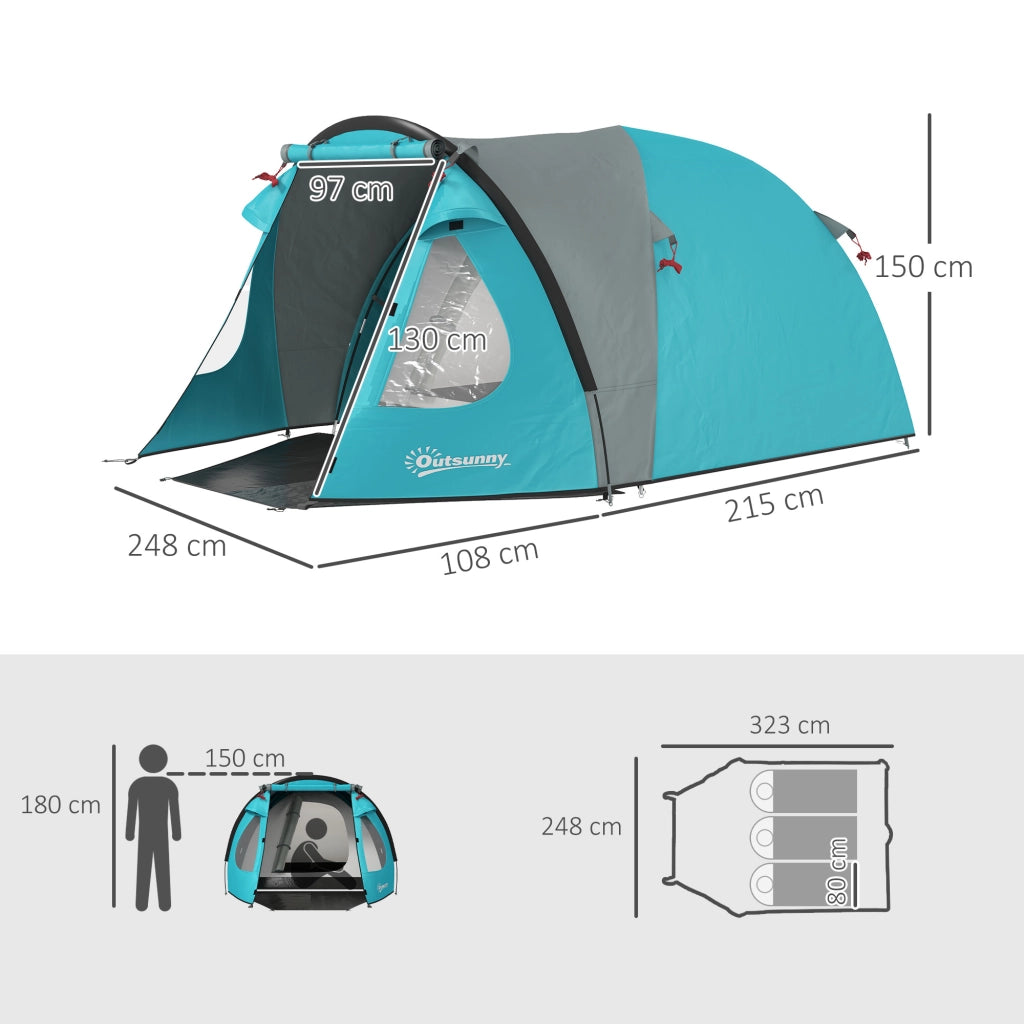 Tenda da Campeggio-Tenda per Escursionismo  3 Persone con Camera e Veranda, Impermeabile 3000mm e Borsa di Trasporto, Azzurro