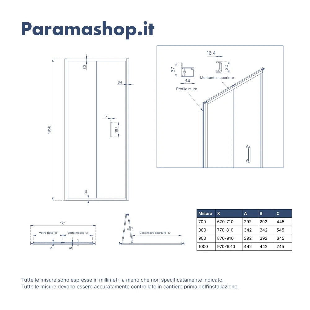 Porta doccia 90cm apertura a libro vetro 6mm trasparente  | Aruba