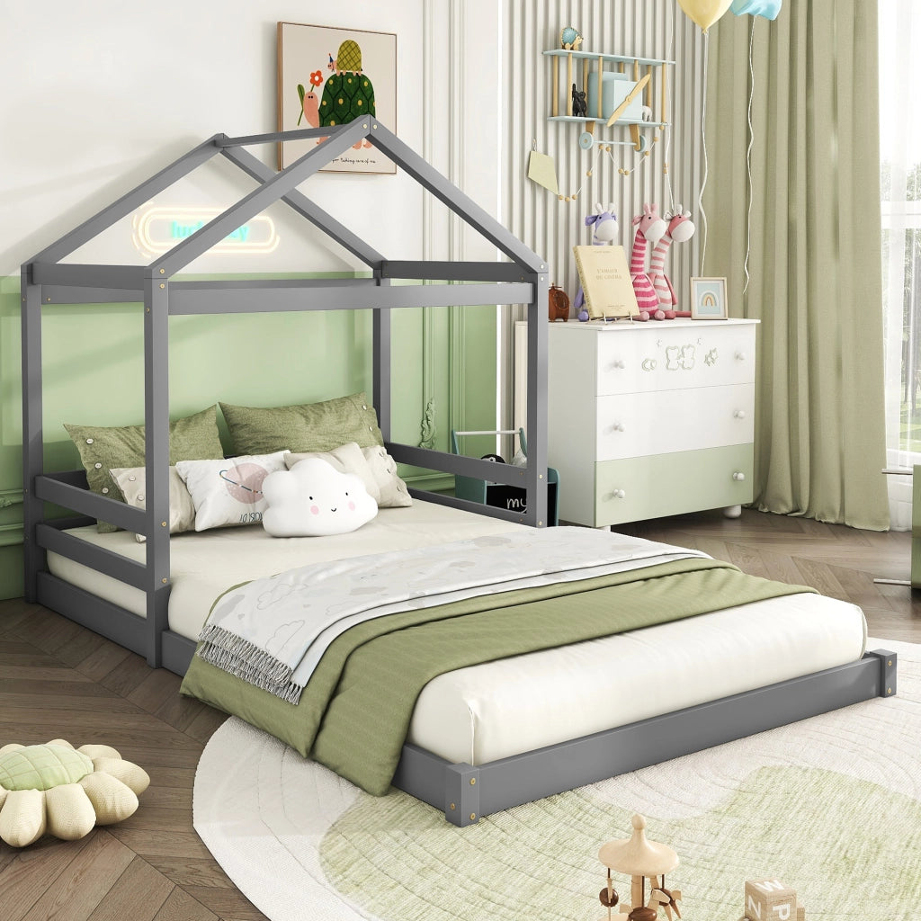 OKWISH Letto a Casetta 140×200 cm, Letto Matrimoniale con Rete a Doghe, senza Materasso, in Pino e MDF, Grigio