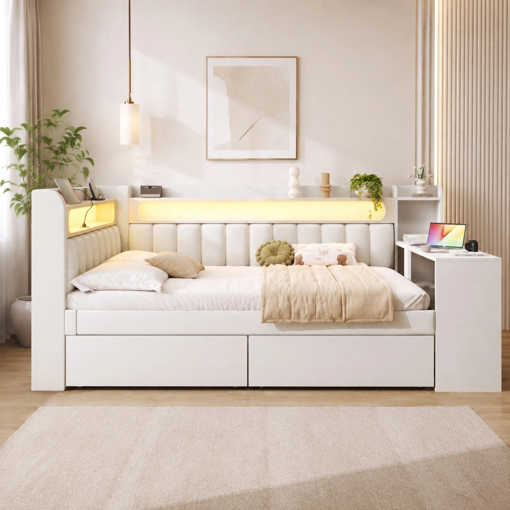 LETTO GIORNO 140x200 cm Bianco con scrivania, 2 cassetti, USB e LED