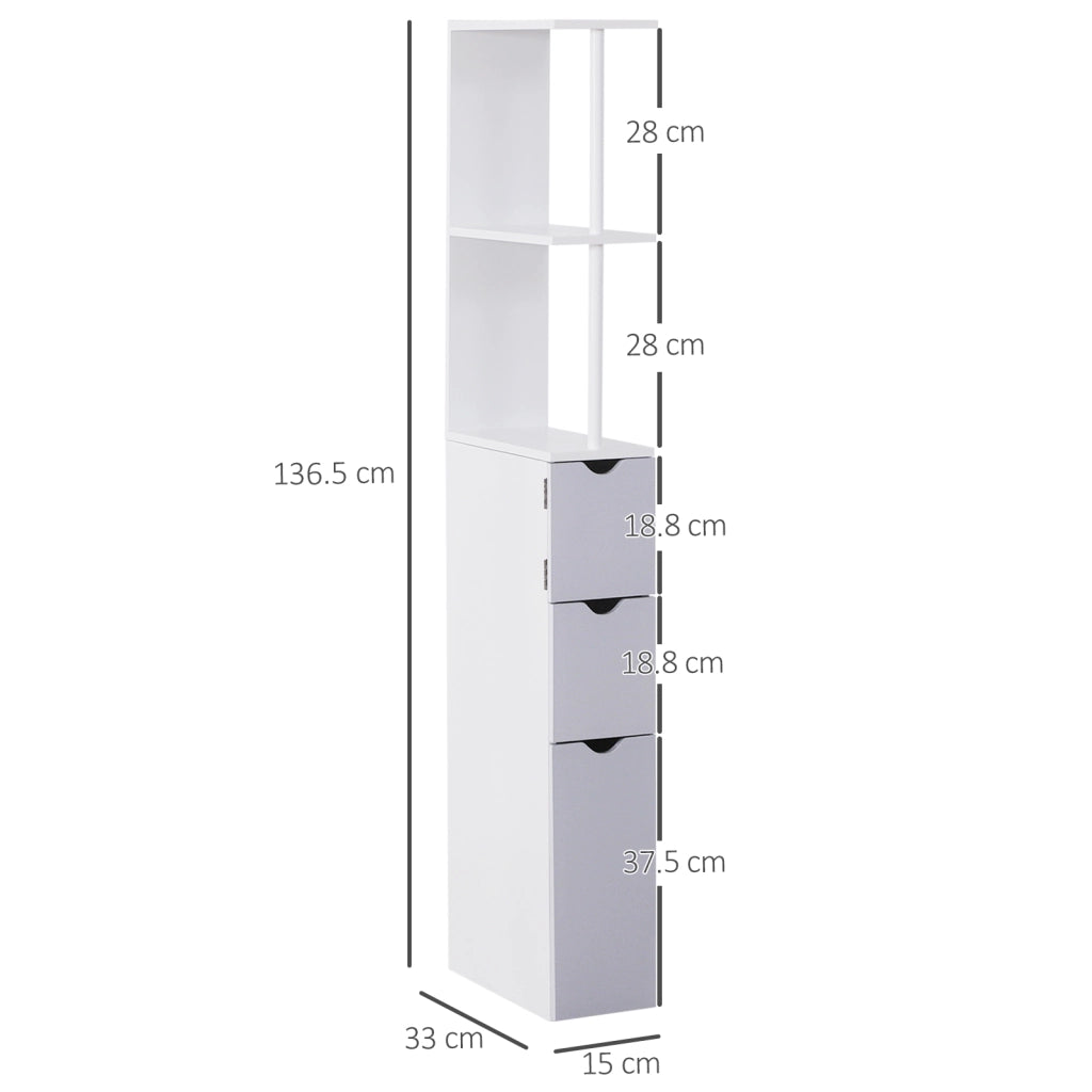EasyComfort Colonna Bagno, Mobile Bagno Salvaspazio in Legno, Mobiletto con Armadietto, Ripiani e Cassetti, 15x33x136 cm, Grigio Chiaro