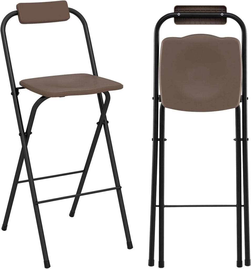 Set di 2 Sgabelli da Bar Pieghevoli, Sedia Alta con Schienale e Poggiapiedi, Struttura in Metallo, per Interno ed Esterno, Portata 150 kg (Grigio)